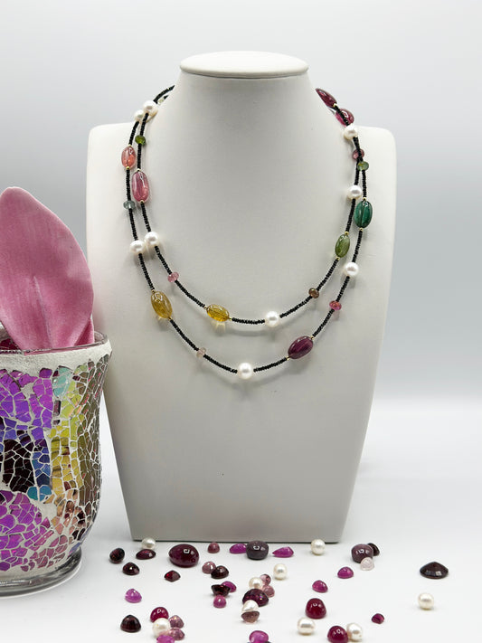 Lange Turmalin Kette mit Perlen