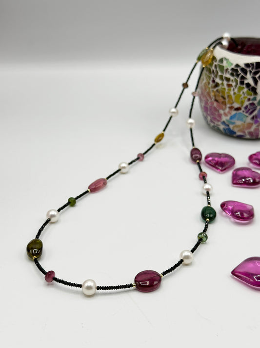 Lange Turmalin Kette mit Perlen