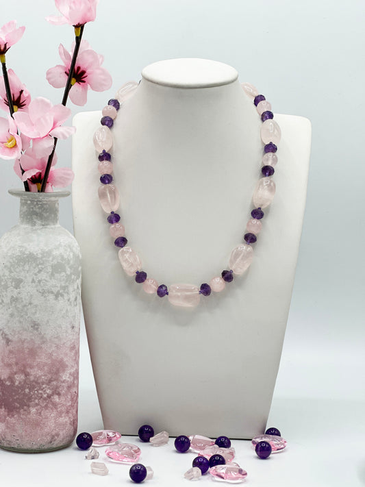 Rosenquarz mit Amethyst Halskette