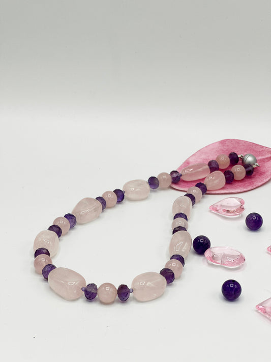 Rosenquarz mit Amethyst Halskette