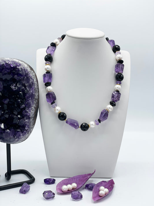 Amethyst mit Onyx & Perle Halskette