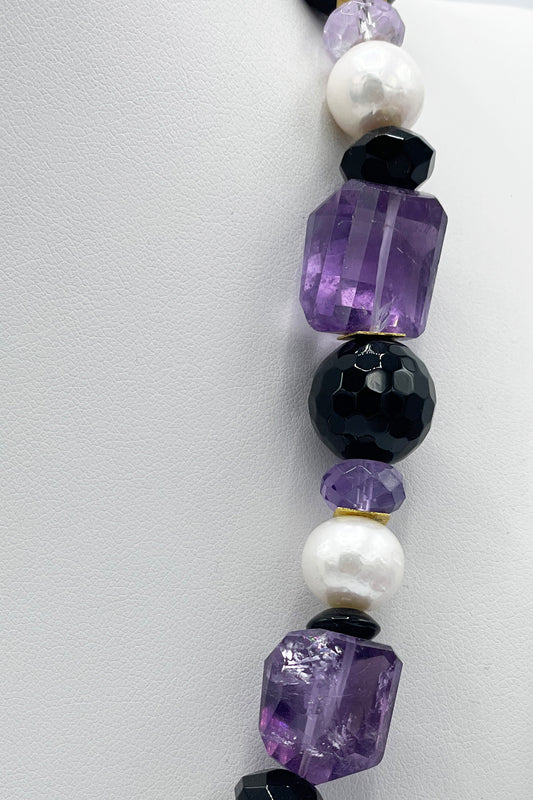 Amethyst mit Onyx & Perle Halskette