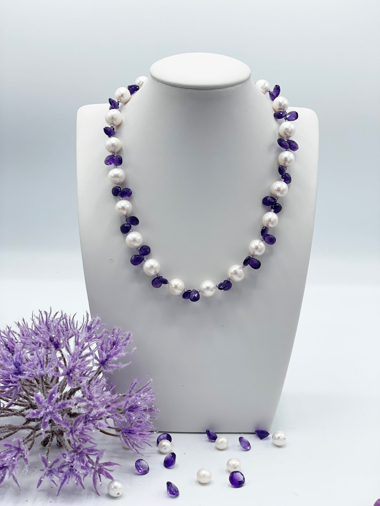 Amethyst Tropfen mit Perle Halskette